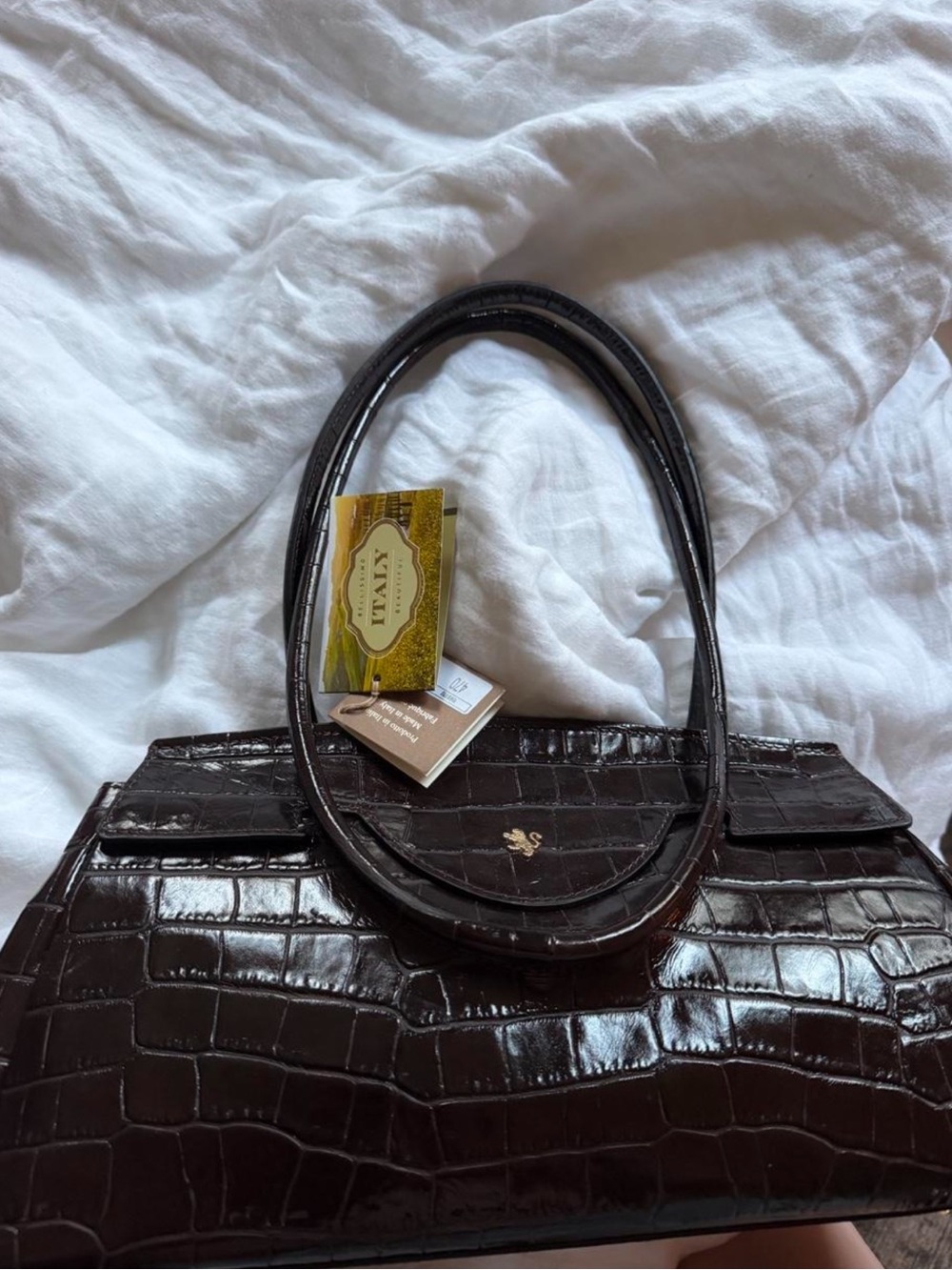 Croc-Embossed Structured Satchel in Deep Brown